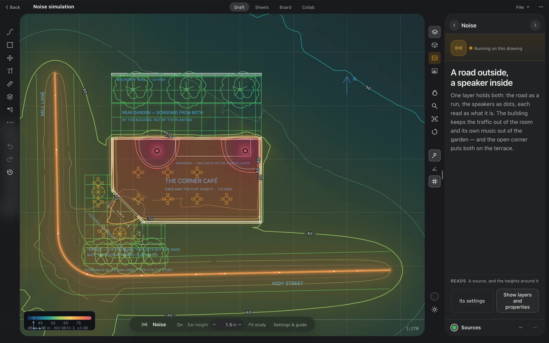 Noise study showing a decibel heat map around a café