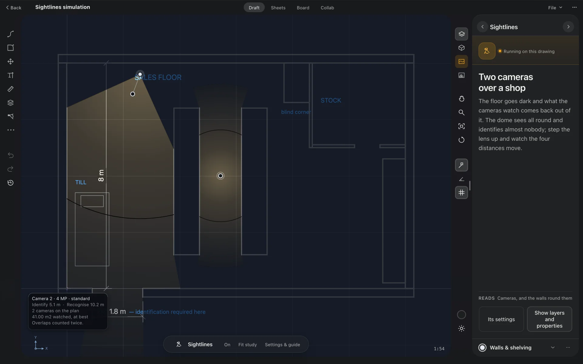 Sightline study showing camera coverage on a shop floor