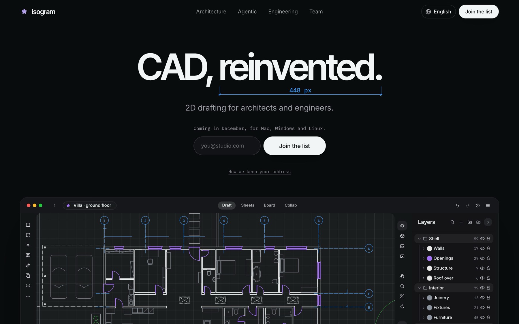 The isogram website: CAD, reinvented. 2D drafting for architects and engineers.